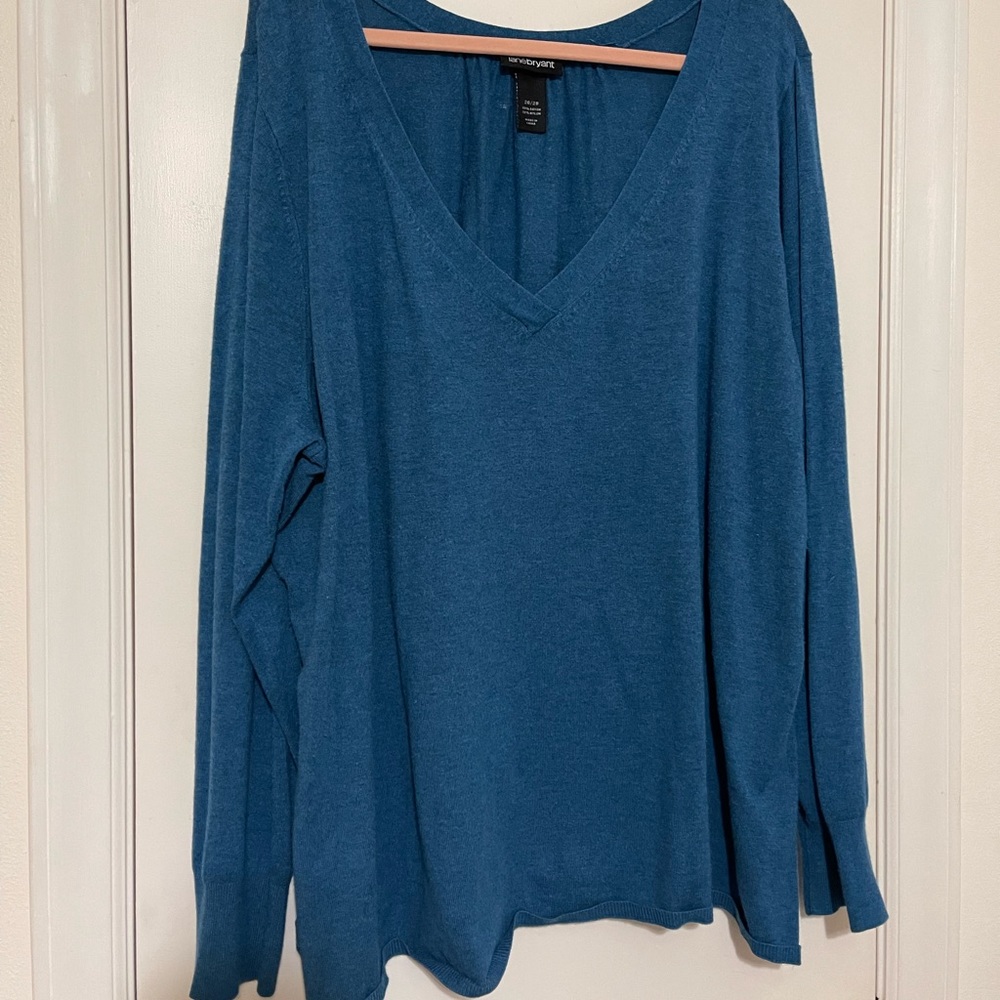 Long sleeve, v-neck sweater.  Very soft, lovely color.